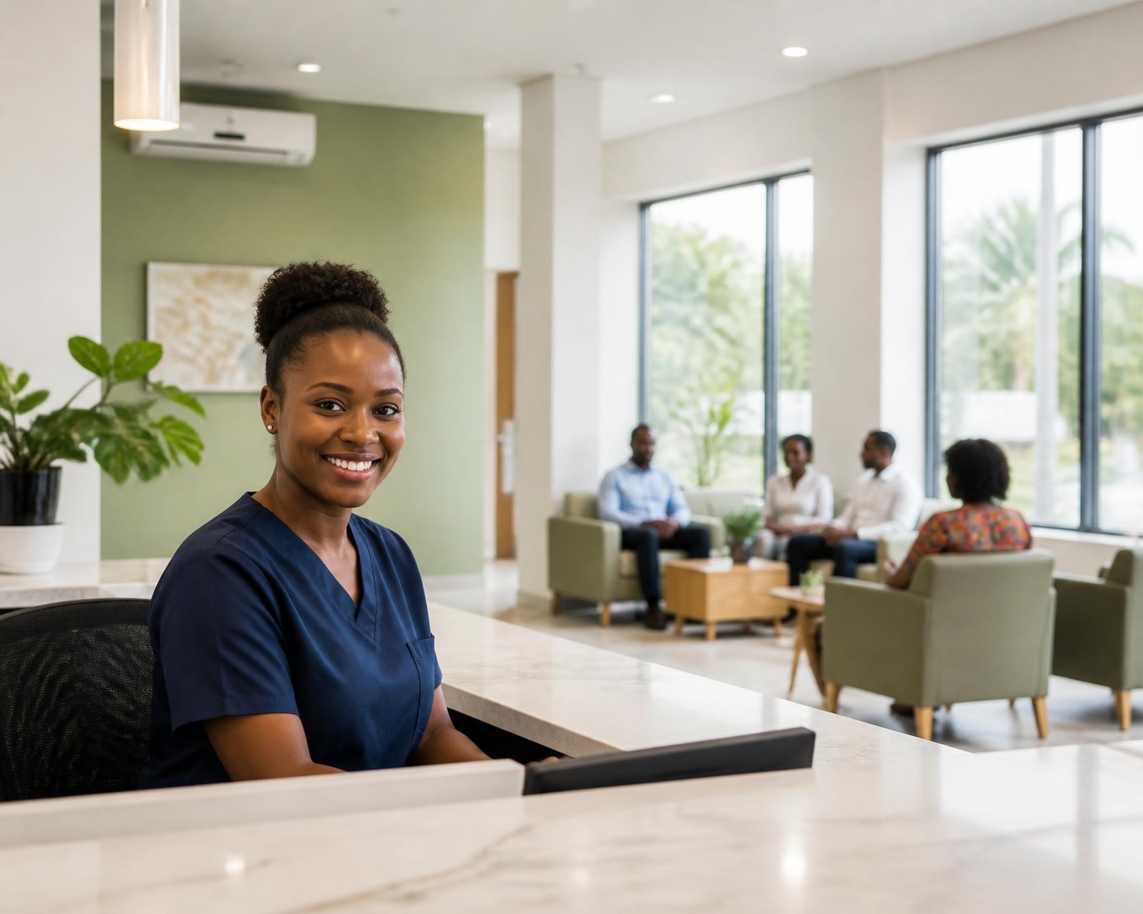 Bright modern private clinic reception in Accra with patients being welcomed at the desk