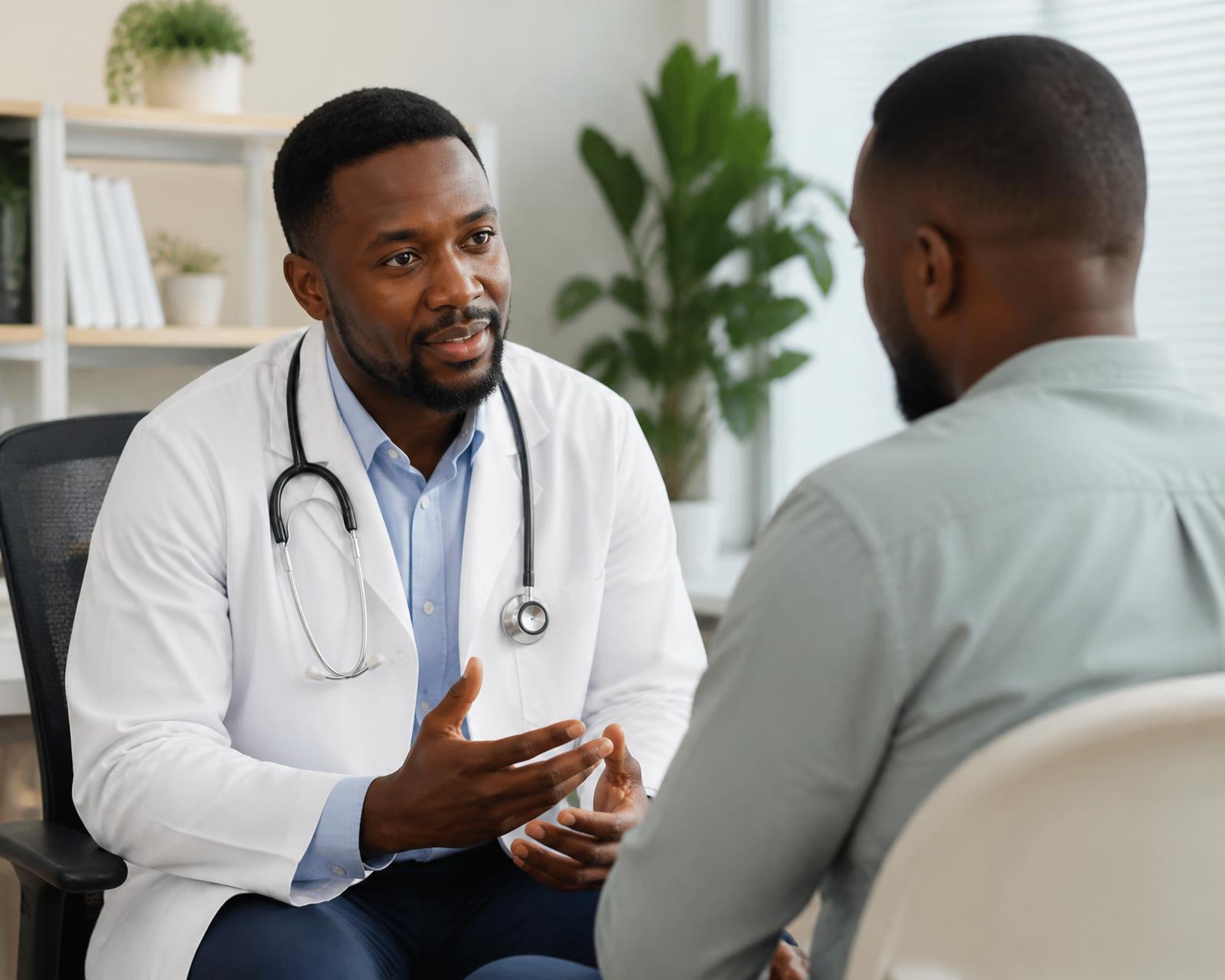 Doctor consulting a patient in a sunlit consulting room